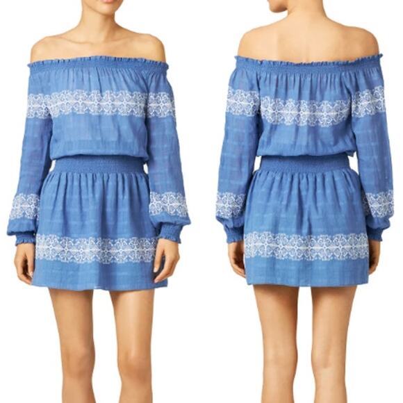 Tory Burch Loretta Off-Shoulder Blouson Mini Dress Blue / White Women's Size XS - Picture 1 of 5